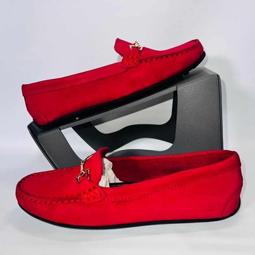 Saks Fifth Avenue Red Suede Gold Horse‎ Bit Loafers 2073179S Women's 5 B